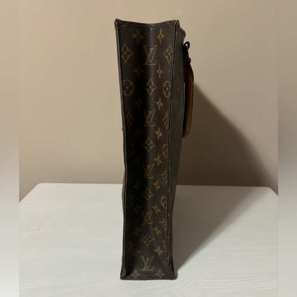 LOUIS VUITTON Logo Sac Plat Hand Tote Bag Monogram Leather Brown - Picture 3 of 9